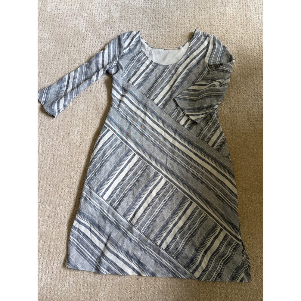 Soft Surroundings Dress Womens S Blue Striped Linen Blend 3/4 Sleeve Coastal